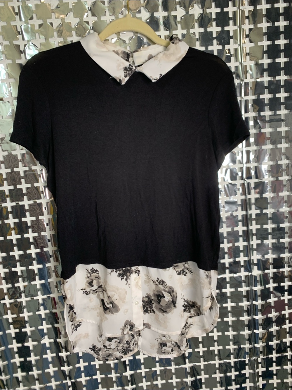 Elle Black Pullover Tunic with White Floral Collar & Hem